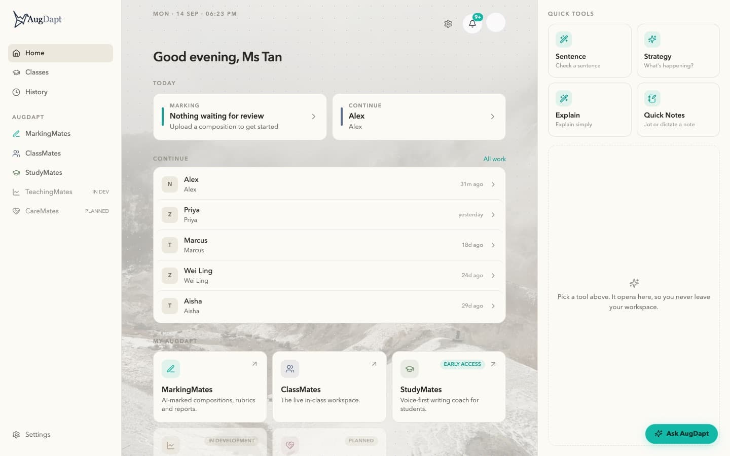 The AugDapt dashboard: today’s marking, recent work for demo learners, the five products with their status, and Quick Tools.