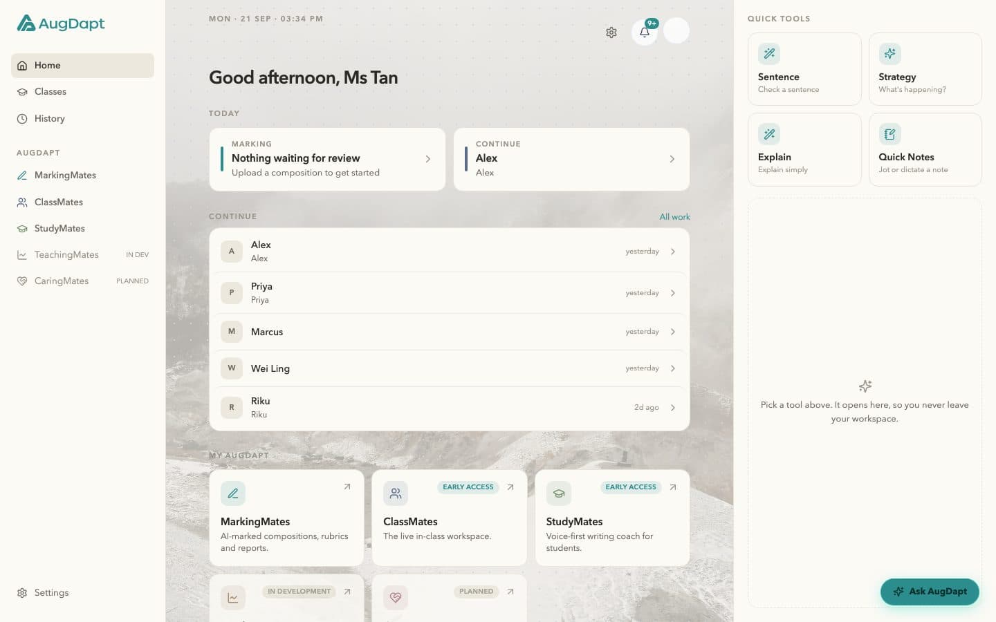 The AugDapt dashboard: today’s marking, recent work for demo learners, the five products with their status, and Quick Tools.