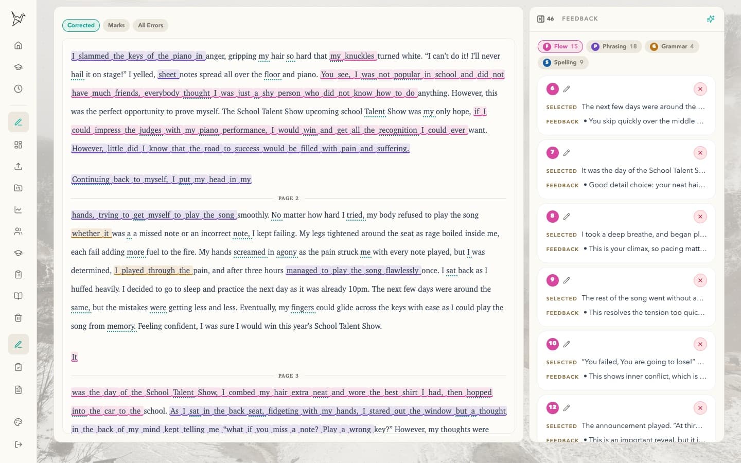 MarkingMates: the transcript of a composition with feedback highlighted on the exact words and the feedback rail open.