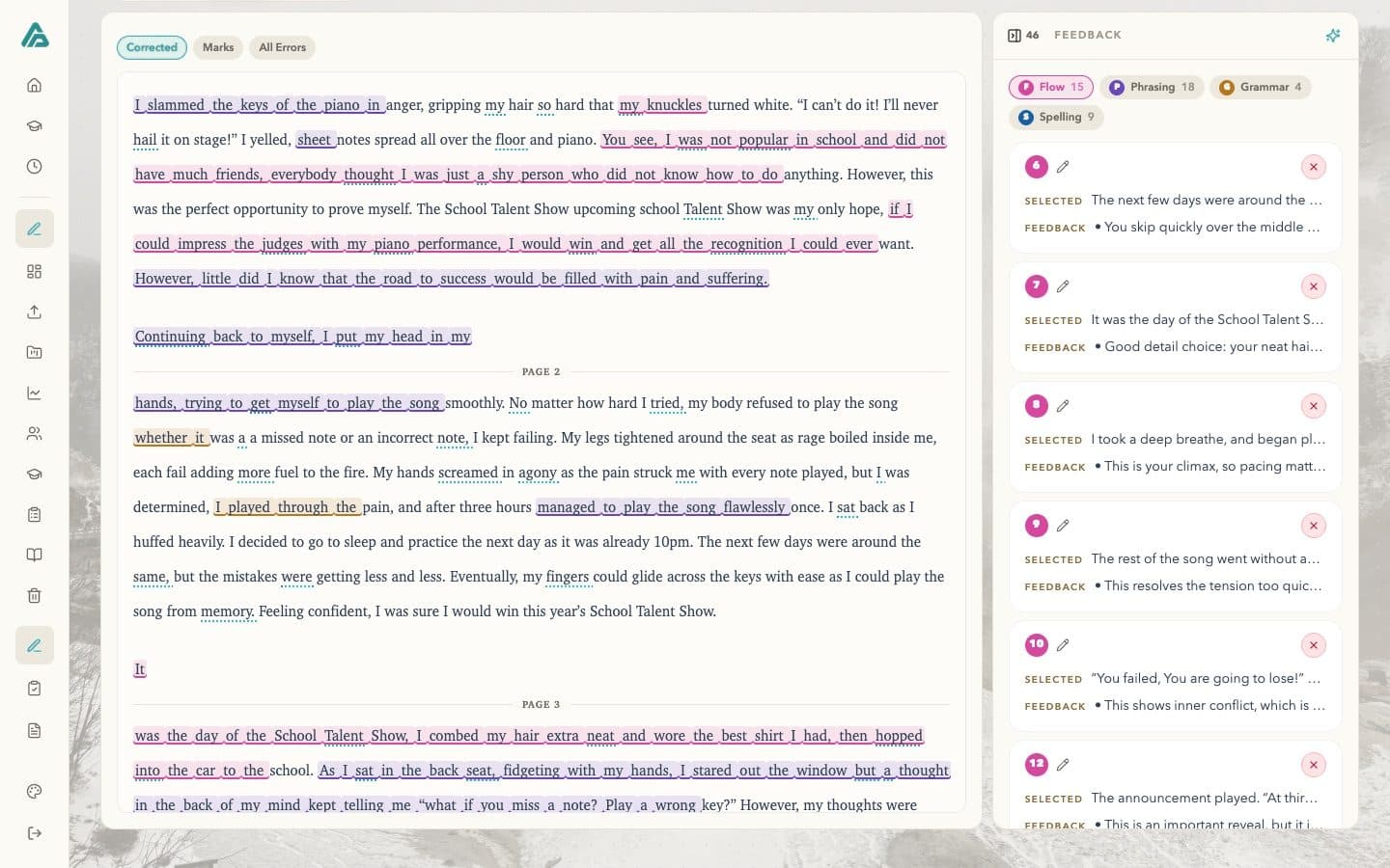 MarkingMates: the transcript of a composition with feedback highlighted on the exact words and the feedback rail open.