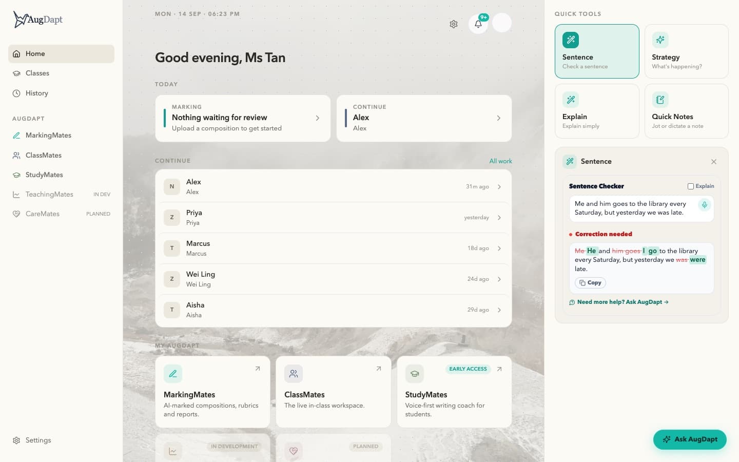 Quick Tools on the dashboard: Sentence Checker open with a sentence checked.