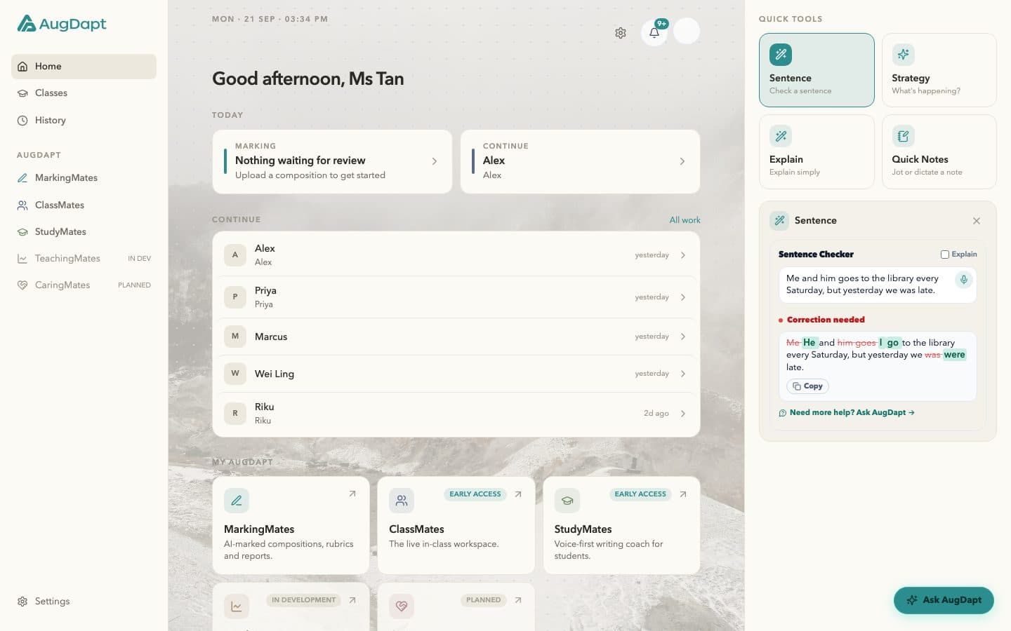 Quick Tools on the dashboard: Sentence Checker open with a sentence checked.